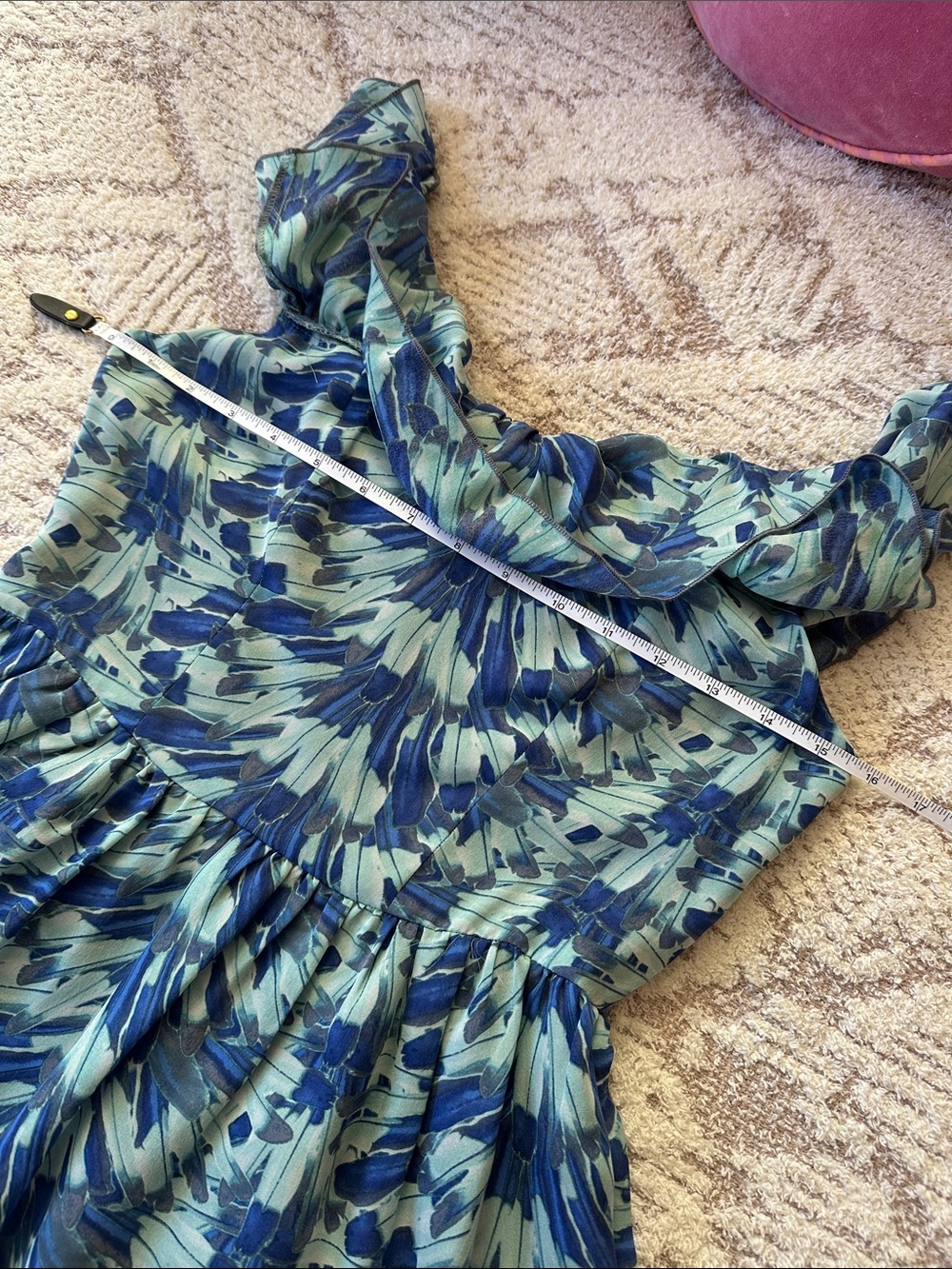 LoveShackFancy 100% Silk Blue Floral Off Shoulder Ruffle Dress Size 1 - Picture 7 of 17